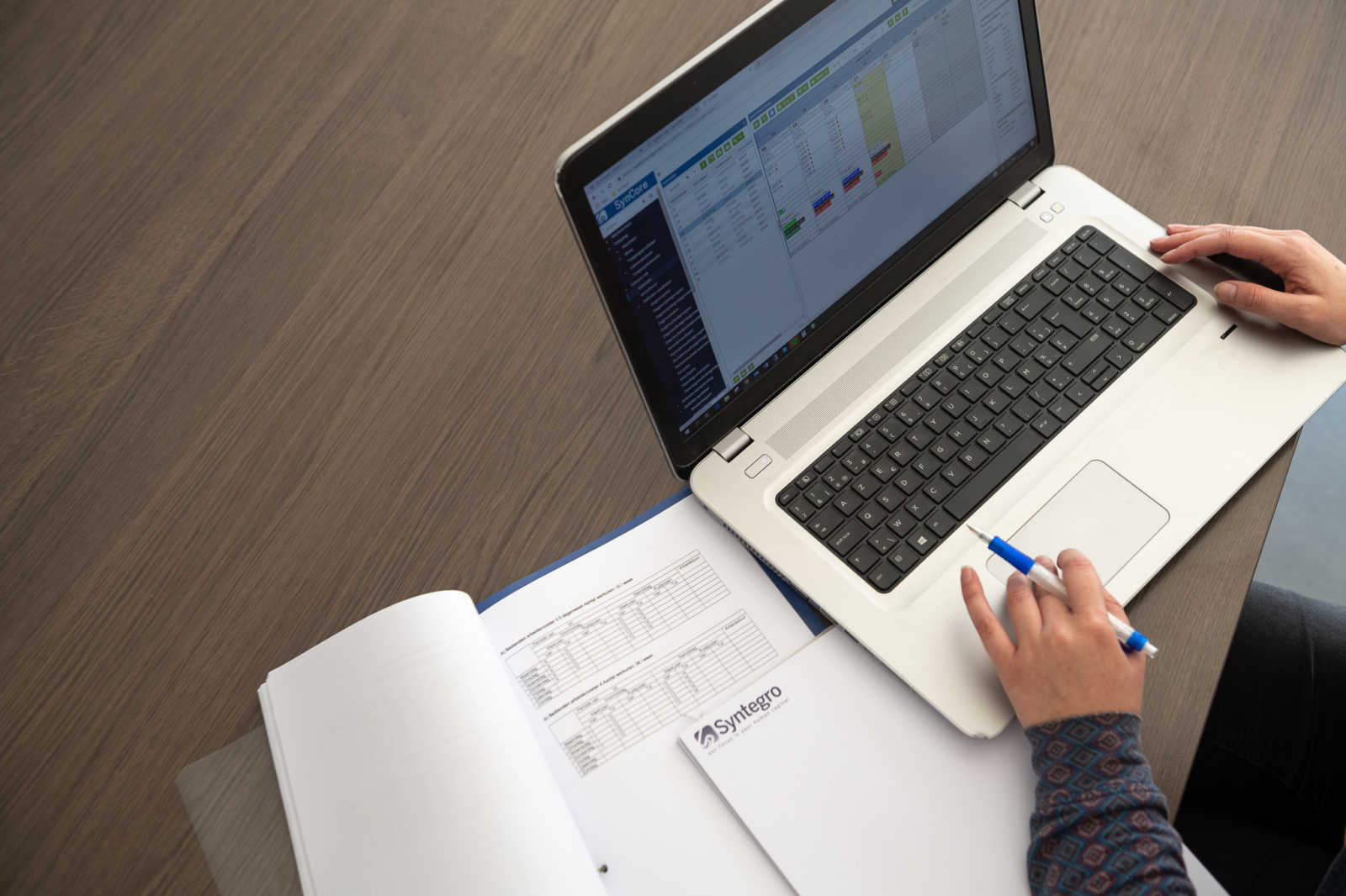Vrouw die de software voor personeelskost gebruikt vrouw die de software voor personeelskost gebruikt